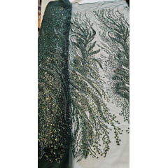 Tule Bordado com Pedrarias Premium Verde Floresta HT98091